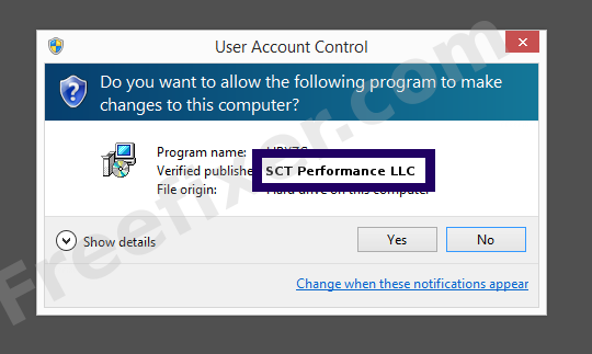 Screenshot where SCT Performance LLC appears as the verified publisher in the UAC dialog